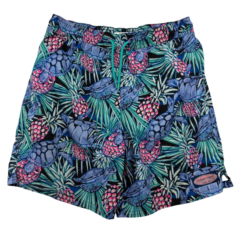 Vineyard Vines Swim Trunks Mens L Blue Pineapple Sea Turtle Chappy Board Shortso